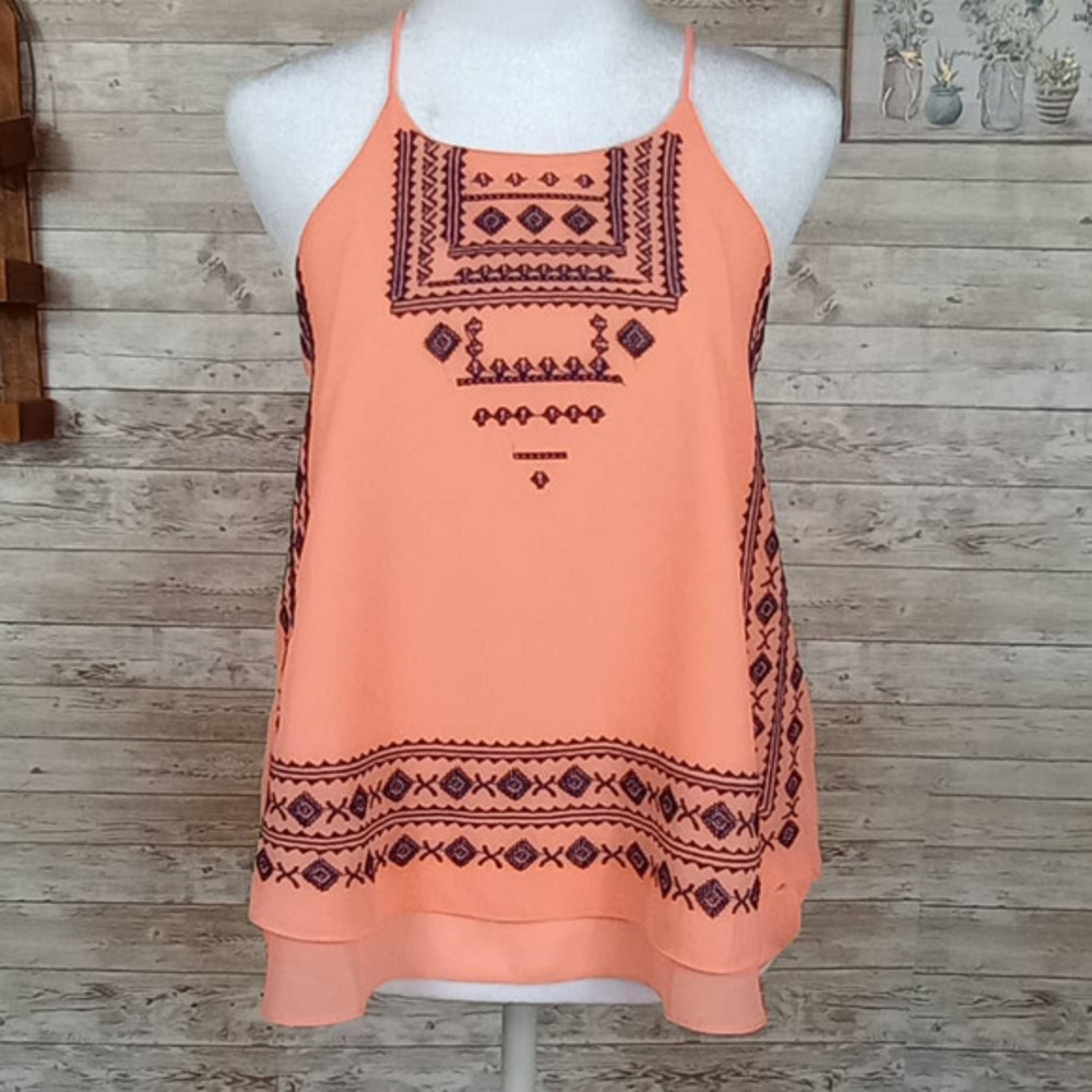 BLU Pepper Bright‎ Neon Orange Tiered Embroidered Sleeveless Blouse Small